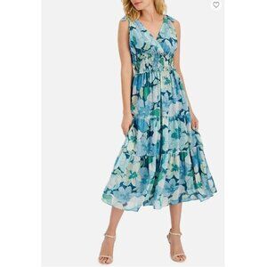 NWT Taylor Midi Dress Women’s Size 6 Tiered Ruffle Blue Green Floral Metallic